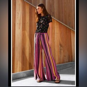 Johnny Was jade silk purple black fall striped boho Rue pant Xs wide leg $200